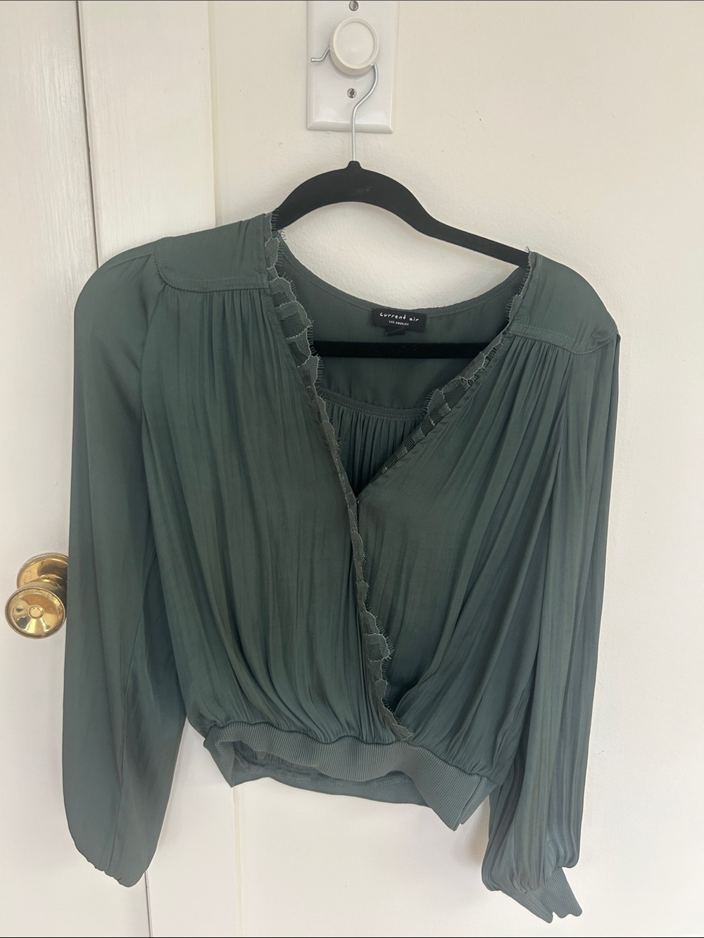 Express Olive Green Pleated Ruffle Wrap Blouse